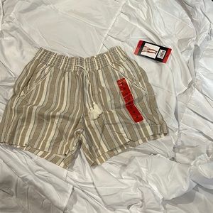 Linen shorts from Costco khaki colored with pocket detail & white/blue stripes